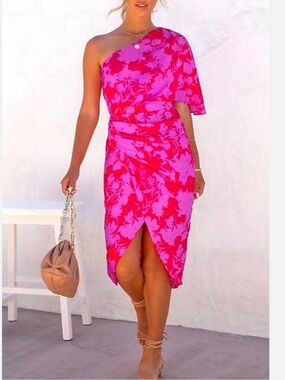 UNBRANDED One-Shoulder Red and Pink Floral Shift Dress High Low Ruching Ruffle M